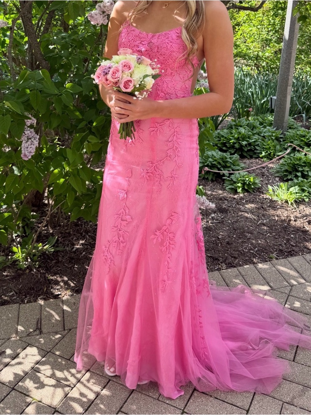 Pink Lace Appliqué Prom Gown